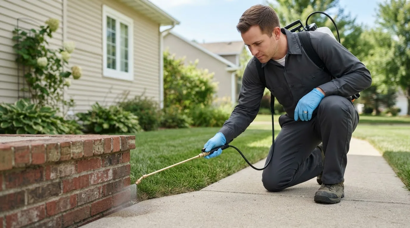 Pest control technician treating a home near New Sharon, ME
