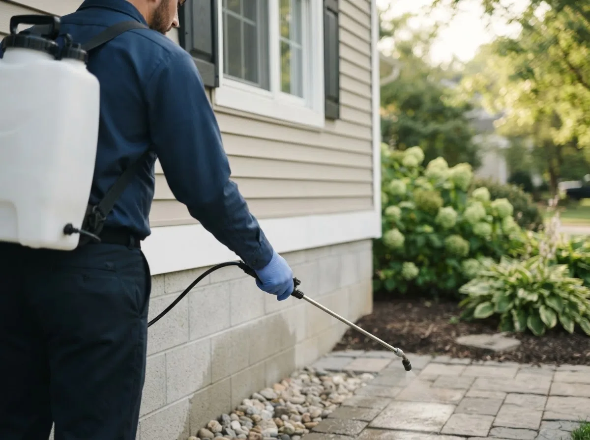Pest control technician inspecting a home in New Sharon, ME